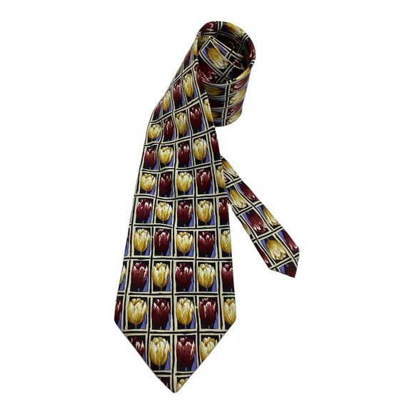 DORMEUIL Yellow Burgundy Floral Silk Tie HandMade Italy 59"/ 3.9" EC - Picture 2 of 5